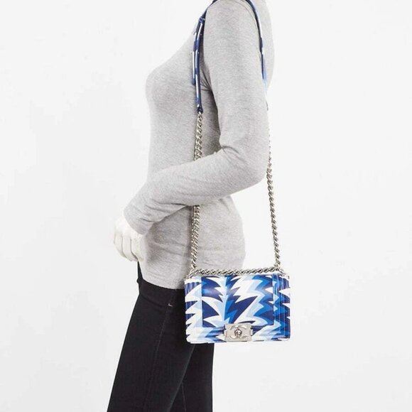 Chanel Blue/White Printed Leather Small Boy Bag - Picture 2 of 10